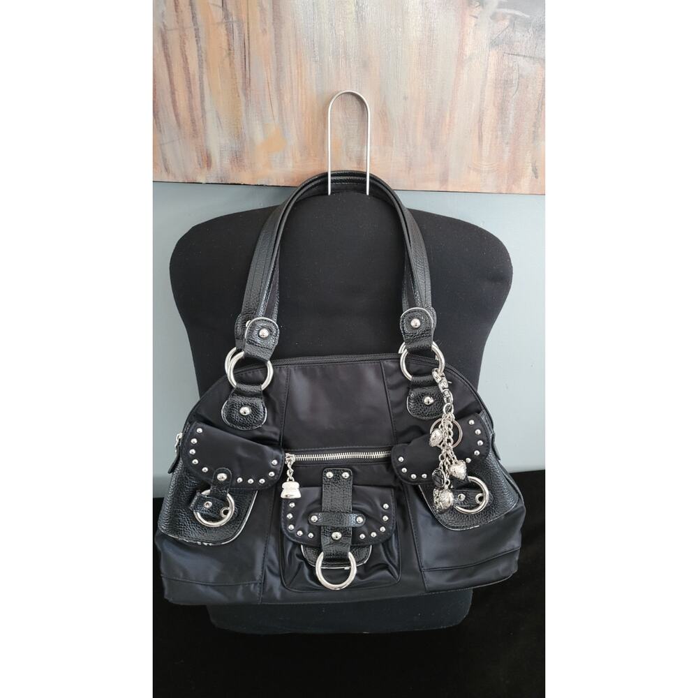 Kathy Van Zeeland Black Studded Shoulder Bag Charm Purse Y2K Nylon Satchel